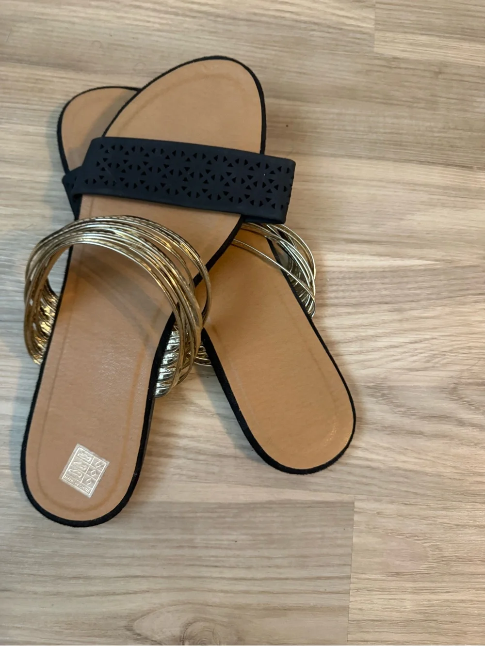 Gold and Black Women’s Slide Sandals - Fashionable Summer Slip-Ons